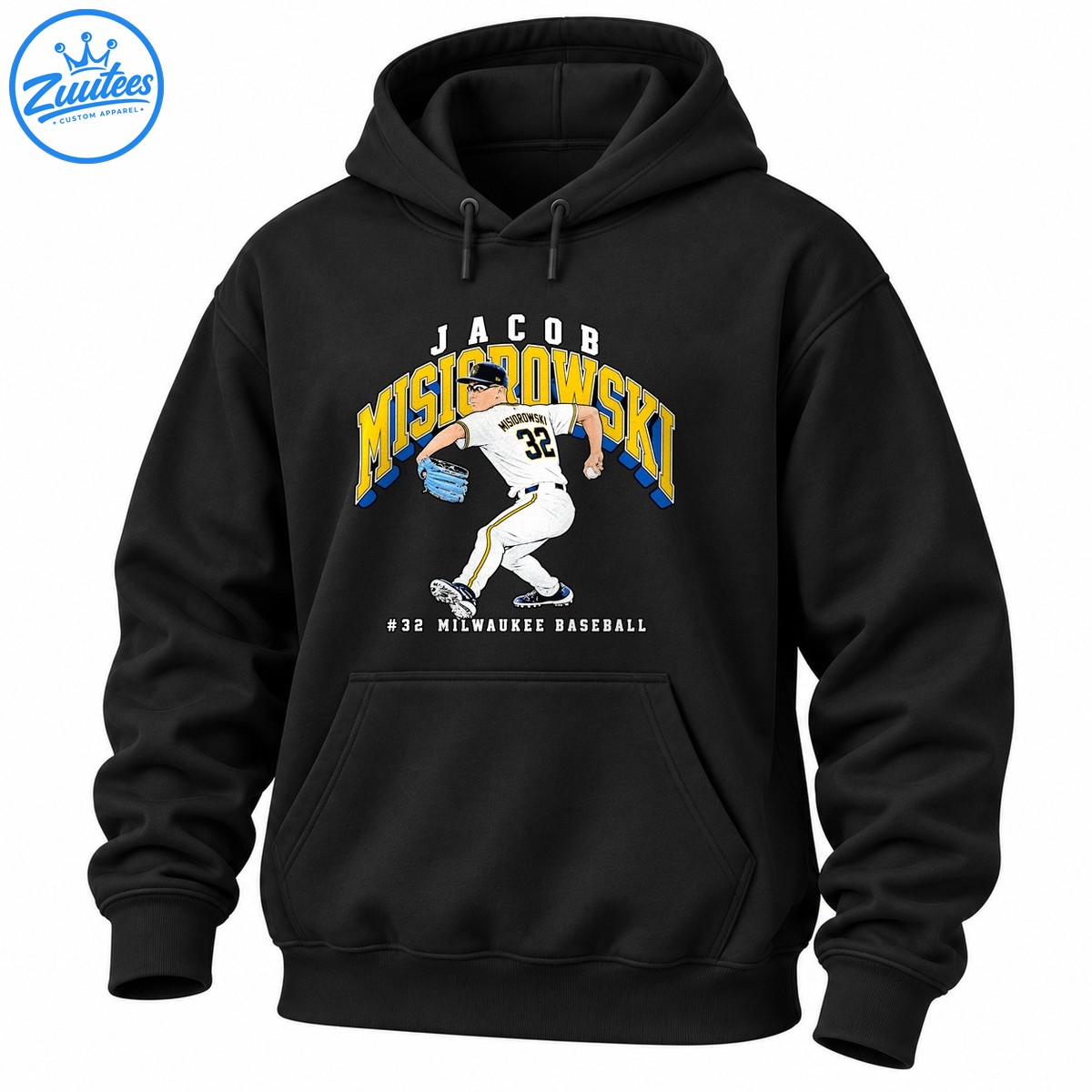 Jacob Misiorowski number 32 baseball graphic with gold and blue lettering and an illustrated pitcher in a white uniform Jacob Misiorowski number 32 baseball graphic with gold and blue lettering and an illustrated pitcher in a white uniform