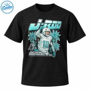 Jacob Rodriguez J-Rod signature football shirt with number 10 player, teal palm trees and retro sports lettering