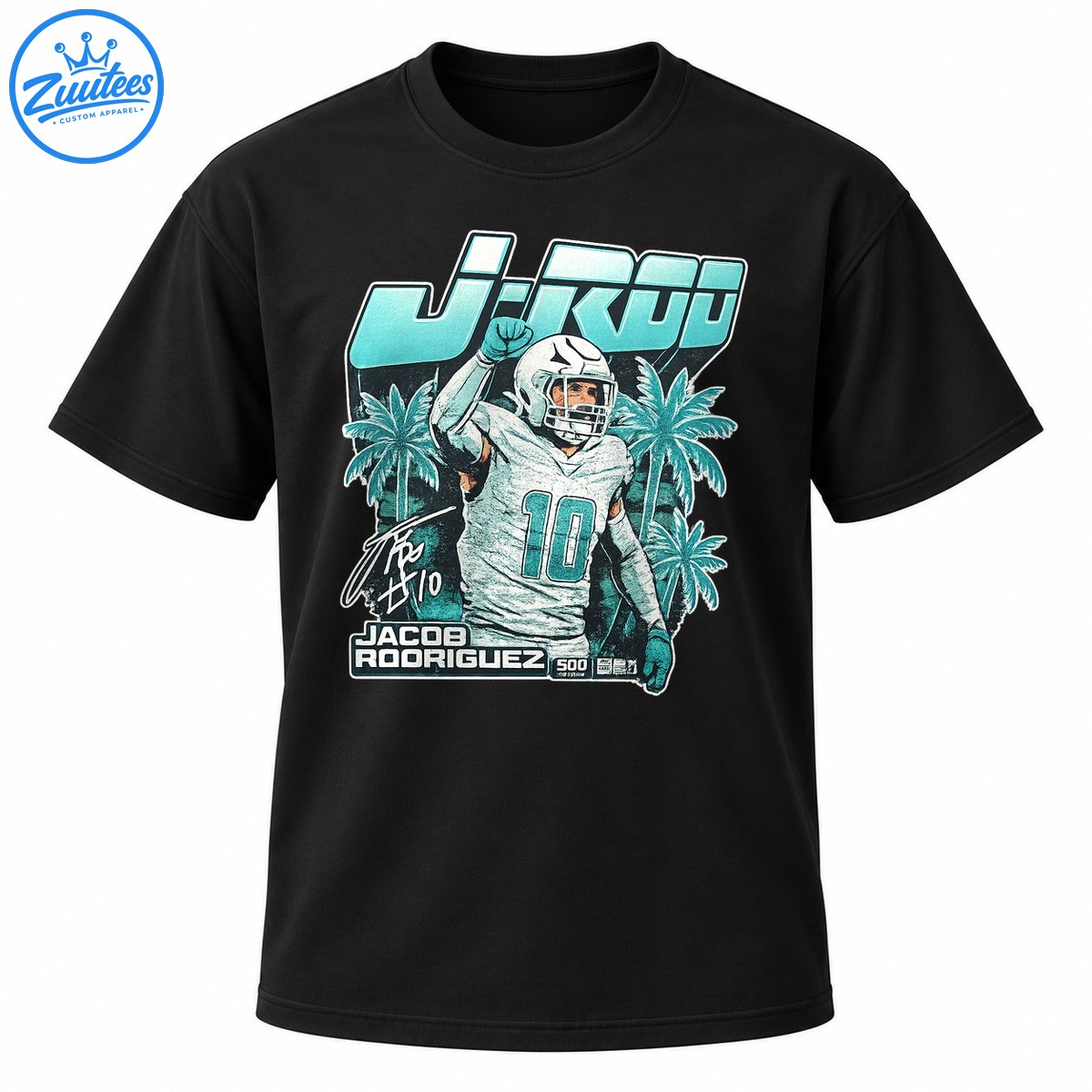 Jacob Rodriguez J Rod signature football shirt with number 10 player, teal palm trees and retro sports lettering Jacob Rodriguez J-Rod signature football shirt with number 10 player, teal palm trees and retro sports lettering