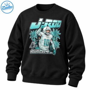Jacob Rodriguez J-Rod signature football shirt with number 10 player, teal palm trees and retro sports lettering
