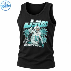 Jacob Rodriguez J-Rod signature football shirt with number 10 player, teal palm trees and retro sports lettering