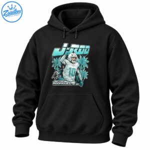 Jacob Rodriguez J-Rod signature football shirt with number 10 player, teal palm trees and retro sports lettering