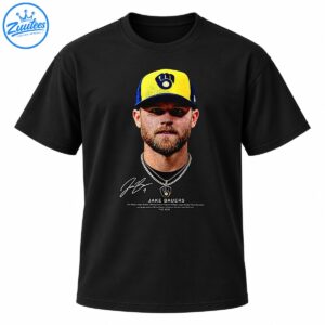 Jake Bauers portrait graphic with yellow and navy cap, layered chains, signature, and JAKE BAUERS lettering