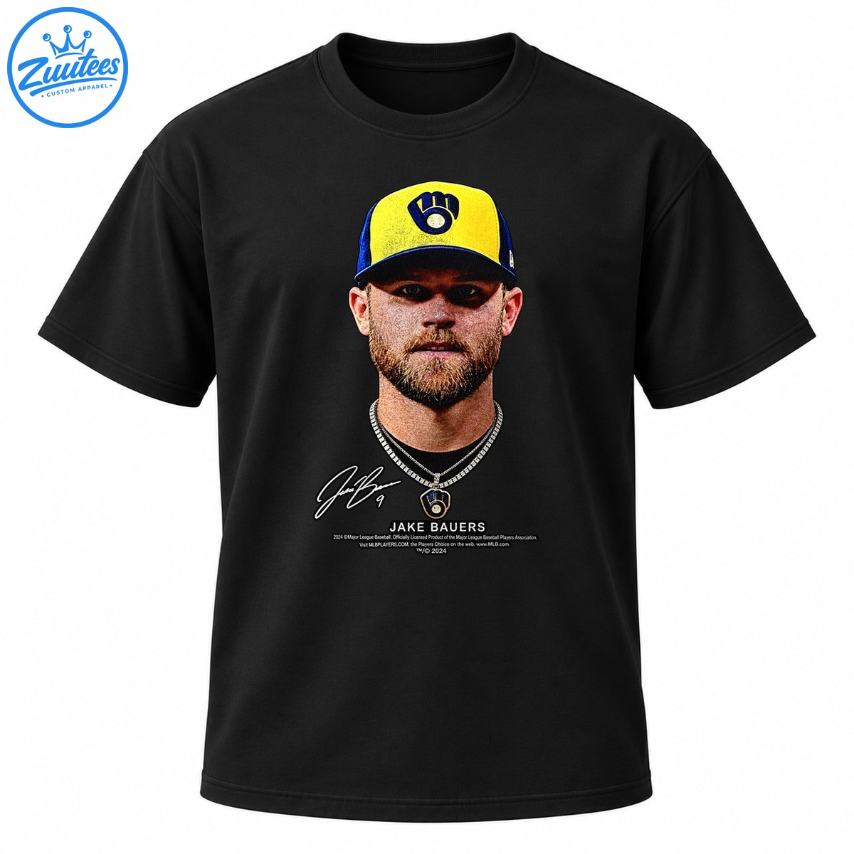 Jake Bauers portrait graphic with yellow and navy cap, layered chains, signature, and JAKE BAUERS lettering Jake Bauers portrait graphic with yellow and navy cap, layered chains, signature, and JAKE BAUERS lettering