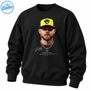 Jake Bauers portrait graphic with yellow and navy cap, layered chains, signature, and JAKE BAUERS lettering