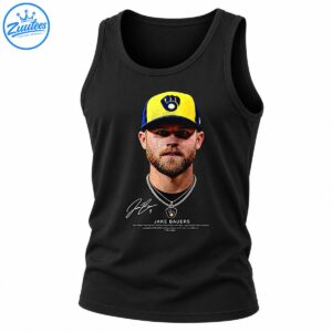 Jake Bauers portrait graphic with yellow and navy cap, layered chains, signature, and JAKE BAUERS lettering