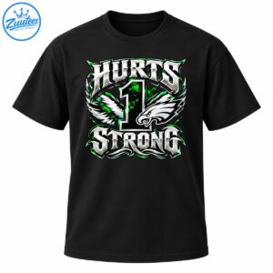 Jalen Hurts Strong graphic with metallic silver lettering, green number 1, white eagle head, and feathered wings