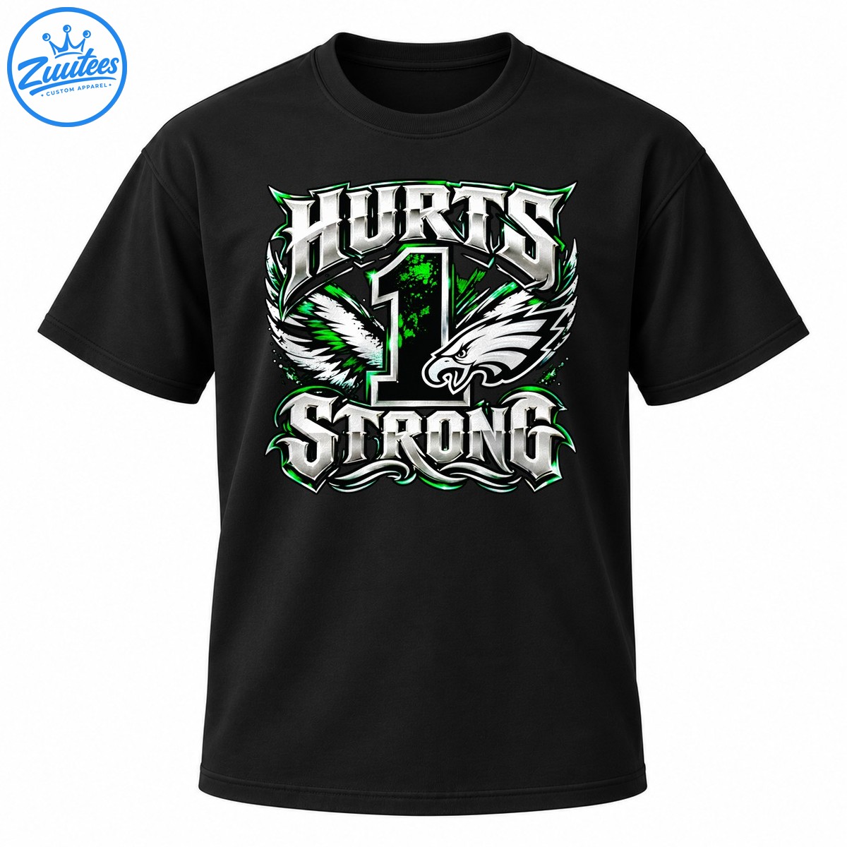 Jalen Hurts Strong graphic with metallic silver lettering, green number 1, white eagle head, and feathered wings Jalen Hurts Strong graphic with metallic silver lettering, green number 1, white eagle head, and feathered wings