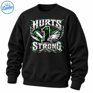 Jalen Hurts Strong graphic with metallic silver lettering, green number 1, white eagle head, and feathered wings