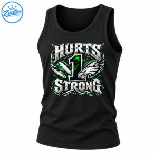 Jalen Hurts Strong graphic with metallic silver lettering, green number 1, white eagle head, and feathered wings