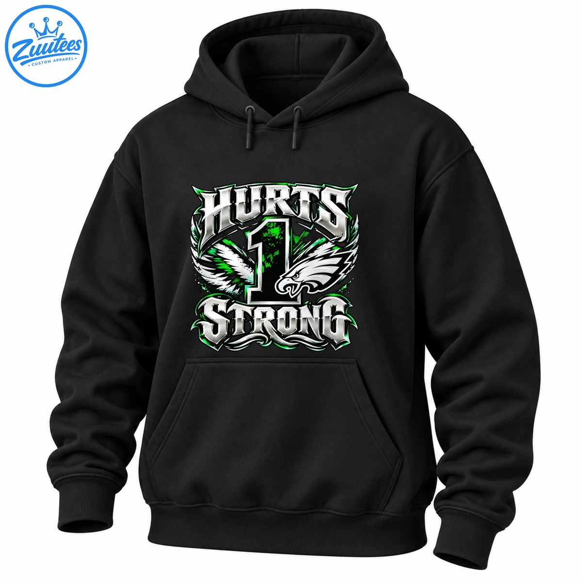 Jalen Hurts Strong graphic with metallic silver lettering, green number 1, white eagle head, and feathered wings Jalen Hurts Strong graphic with metallic silver lettering, green number 1, white eagle head, and feathered wings