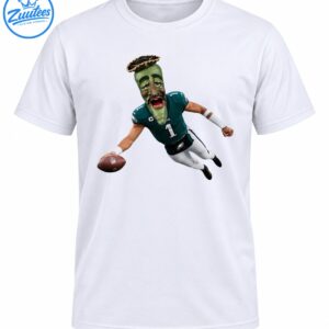 Green jalapeño-headed football player wearing a teal number 1 jersey and white pants while leaping with a brown football
