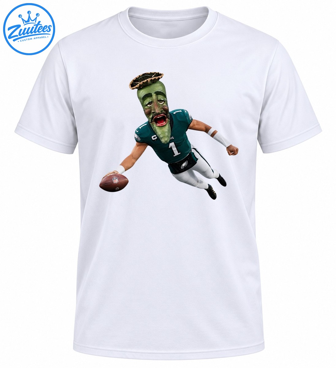 Green jalapeño headed football player wearing a teal number 1 jersey and white pants while leaping with a brown football Green jalapeño-headed football player wearing a teal number 1 jersey and white pants while leaping with a brown football
