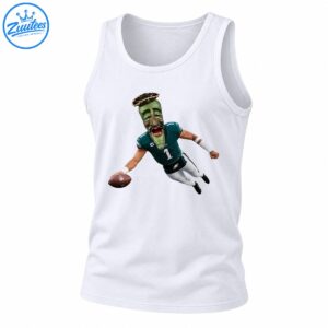 Green jalapeño-headed football player wearing a teal number 1 jersey and white pants while leaping with a brown football