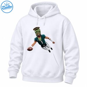 Green jalapeño-headed football player wearing a teal number 1 jersey and white pants while leaping with a brown football