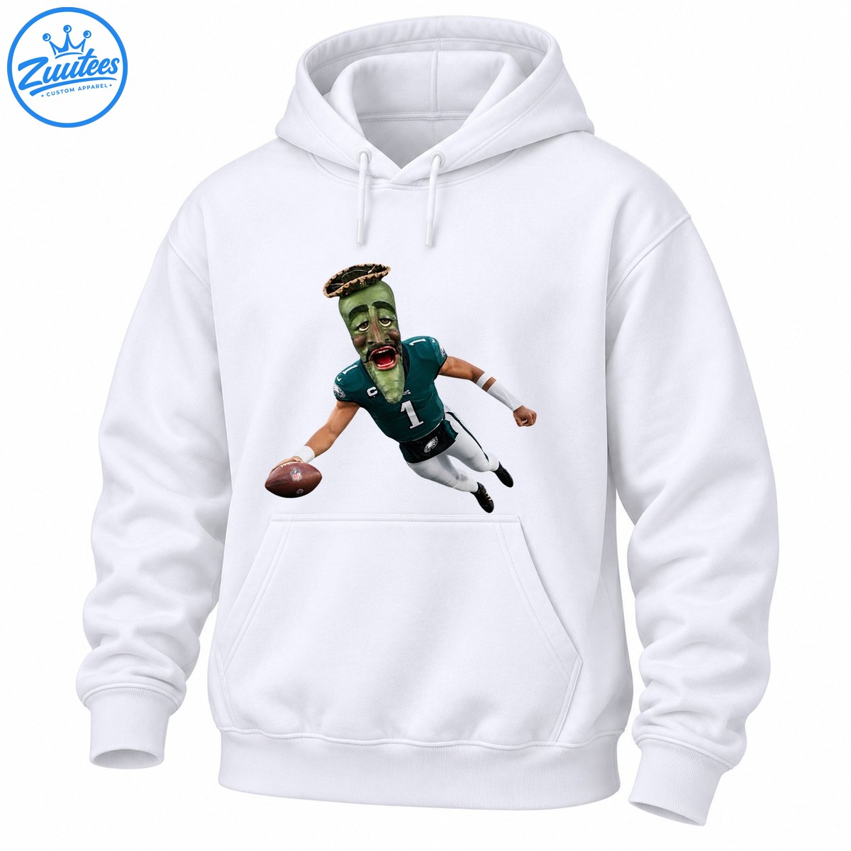 Green jalapeño headed football player wearing a teal number 1 jersey and white pants while leaping with a brown football Green jalapeño-headed football player wearing a teal number 1 jersey and white pants while leaping with a brown football