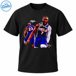 Two basketball players in blue, red, and white uniforms with JAMES 23, PHILA 7, and signature-style graphics.