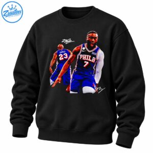 Two basketball players in blue, red, and white uniforms with JAMES 23, PHILA 7, and signature-style graphics.