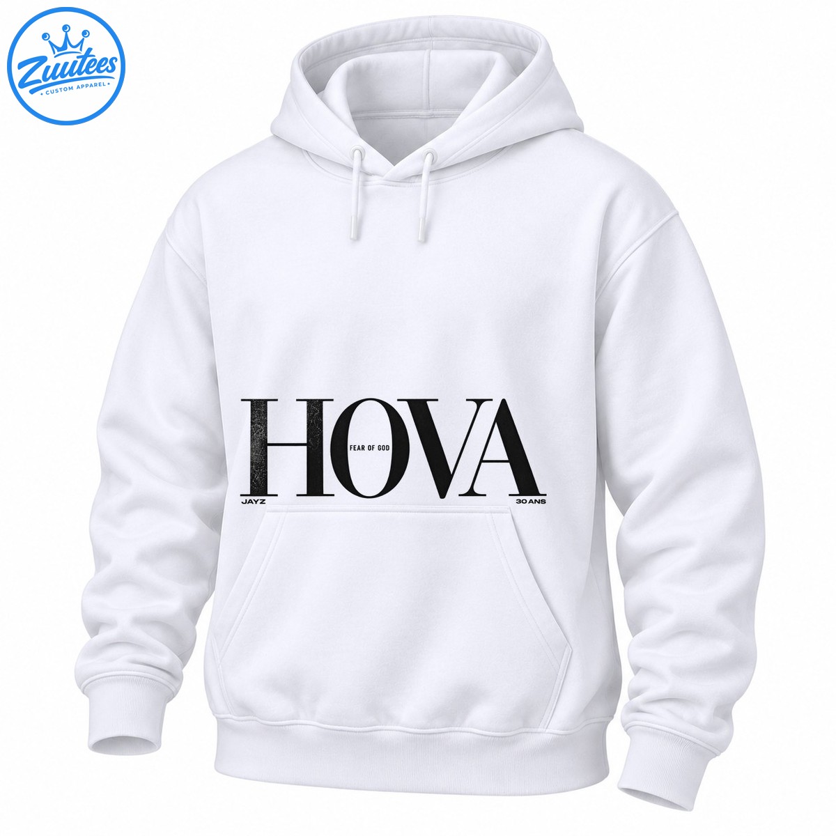 HOVA graphic shirt design with large black serif lettering, FEAR OF GOD inside the O, JAYZ, and 30 ANS text HOVA graphic shirt design with large black serif lettering, FEAR OF GOD inside the O, JAYZ, and 30 ANS text