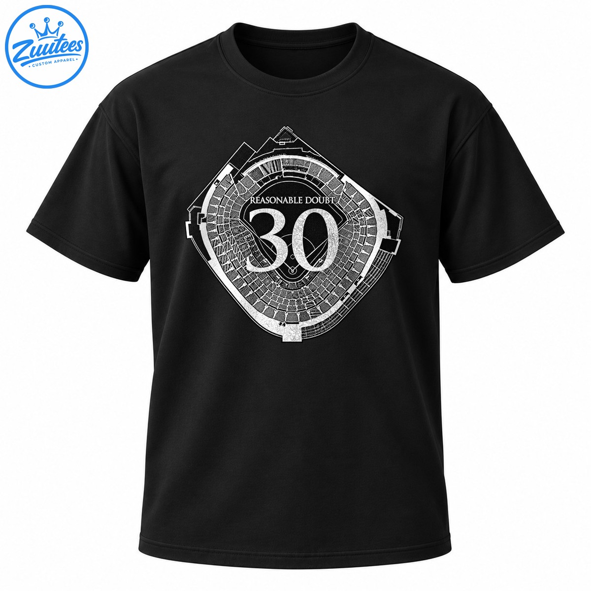 Black and white stadium blueprint graphic with REASONABLE DOUBT lettering and a large distressed number 30 Black and white stadium blueprint graphic with REASONABLE DOUBT lettering and a large distressed number 30