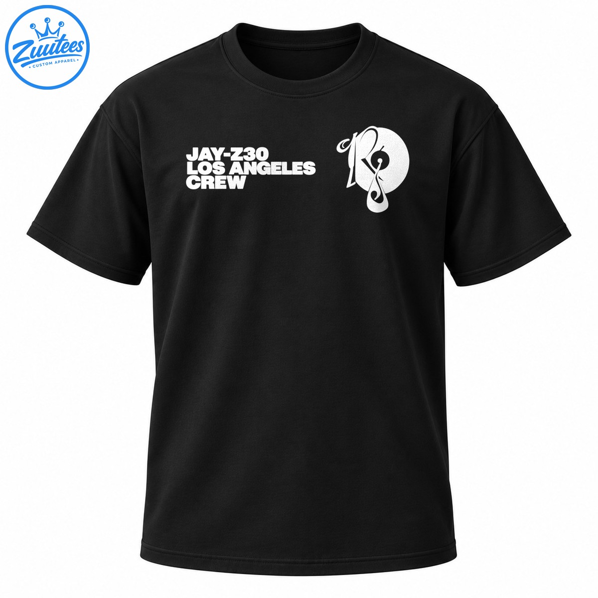 White JAY Z30 LOS ANGELES CREW lettering beside an intricate circular emblem graphic for a hip hop style shirt White JAY-Z30 LOS ANGELES CREW lettering beside an intricate circular emblem graphic for a hip hop style shirt