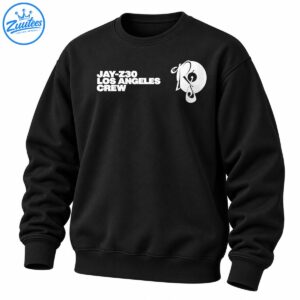 White JAY-Z30 LOS ANGELES CREW lettering beside an intricate circular emblem graphic for a hip hop style shirt