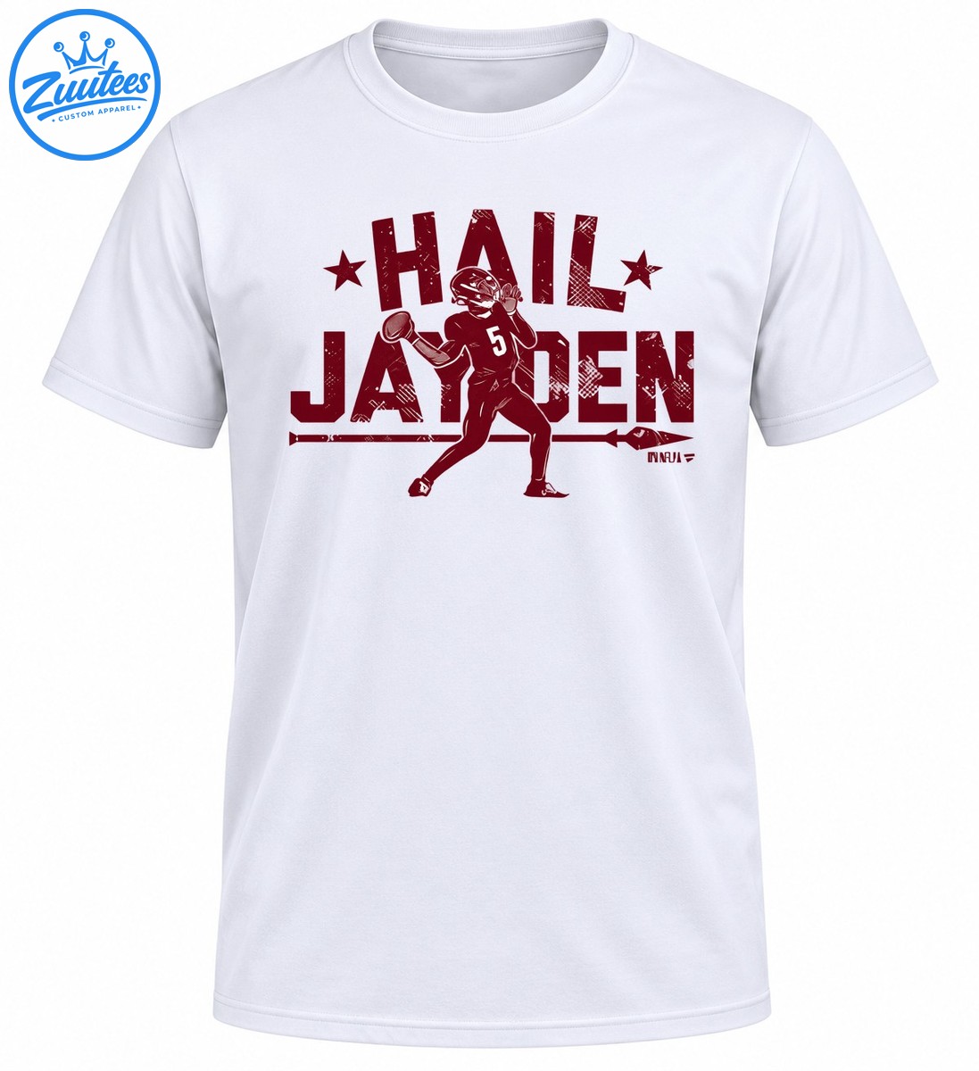 Hail Jayden graphic with distressed maroon lettering, two stars, and a quarterback wearing number 5. Hail Jayden graphic with distressed maroon lettering, two stars, and a quarterback wearing number 5.