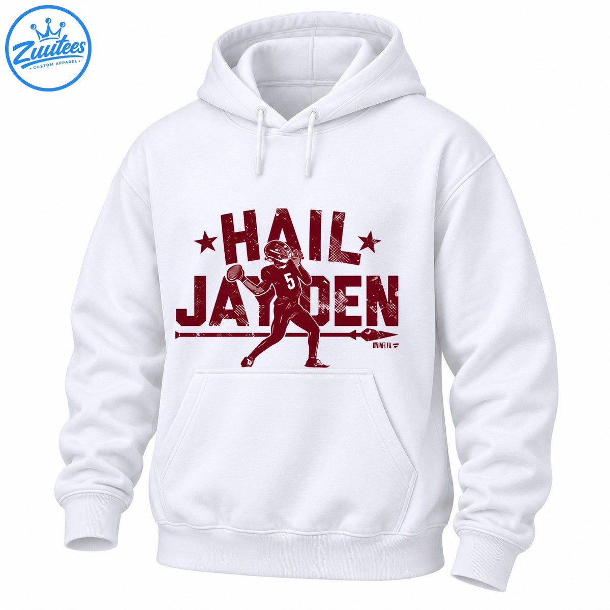 Hail Jayden graphic with distressed maroon lettering, two stars, and a quarterback wearing number 5. Hail Jayden graphic with distressed maroon lettering, two stars, and a quarterback wearing number 5.