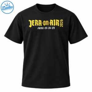 Jera On Air 2026 festival graphic with distressed golden Gothic lettering and white June 25, 26, 27 dates