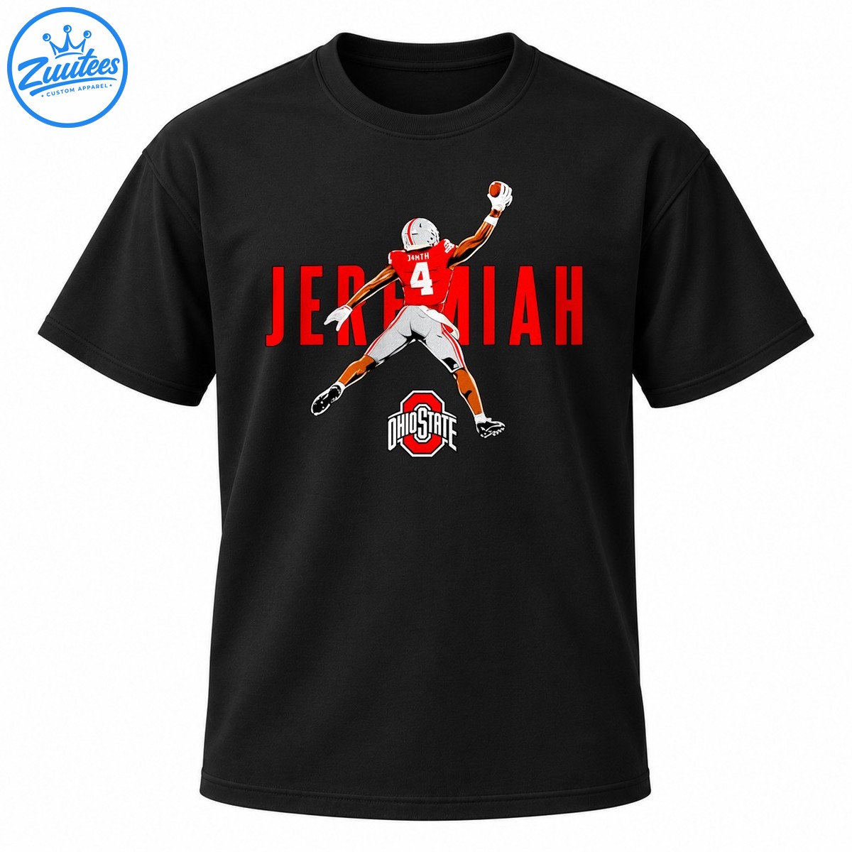 Football player in a red number 4 jersey reaching for a ball above bold red JEREMIAH lettering and an Ohio State emblem. Football player in a red number 4 jersey reaching for a ball above bold red JEREMIAH lettering and an Ohio State emblem.