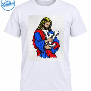 Illustrated bearded figure in blue and red robes holding oversized white sculpted lettering with yellow hair and bold black outlines