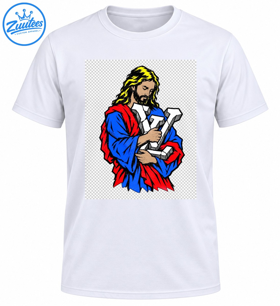 Illustrated bearded figure in blue and red robes holding oversized white sculpted lettering with yellow hair and bold black outlines Illustrated bearded figure in blue and red robes holding oversized white sculpted lettering with yellow hair and bold black outlines