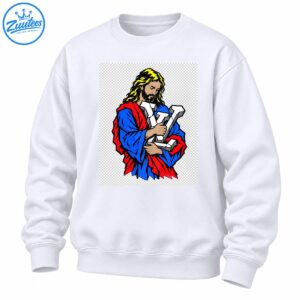 Illustrated bearded figure in blue and red robes holding oversized white sculpted lettering with yellow hair and bold black outlines