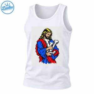 Illustrated bearded figure in blue and red robes holding oversized white sculpted lettering with yellow hair and bold black outlines