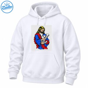 Illustrated bearded figure in blue and red robes holding oversized white sculpted lettering with yellow hair and bold black outlines