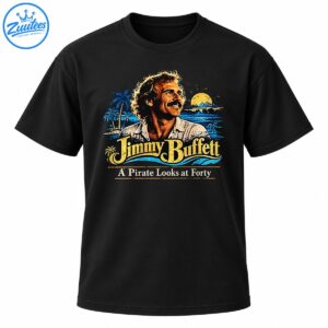 Vintage tropical graphic with a smiling mustached man, golden sunset, blue ocean waves, palm trees, and Jimmy Buffett lettering.