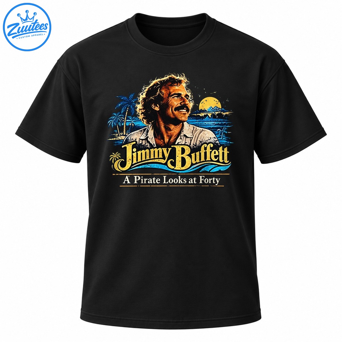 Vintage tropical graphic with a smiling mustached man, golden sunset, blue ocean waves, palm trees, and Jimmy Buffett lettering. Vintage tropical graphic with a smiling mustached man, golden sunset, blue ocean waves, palm trees, and Jimmy Buffett lettering.