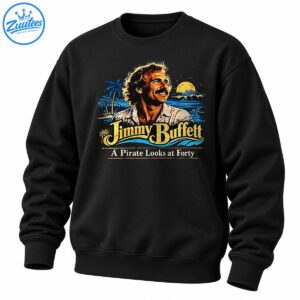 Vintage tropical graphic with a smiling mustached man, golden sunset, blue ocean waves, palm trees, and Jimmy Buffett lettering.