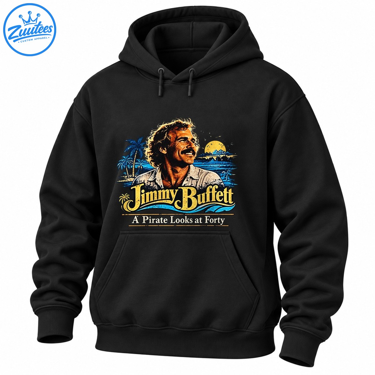 Vintage tropical graphic with a smiling mustached man, golden sunset, blue ocean waves, palm trees, and Jimmy Buffett lettering. Vintage tropical graphic with a smiling mustached man, golden sunset, blue ocean waves, palm trees, and Jimmy Buffett lettering.