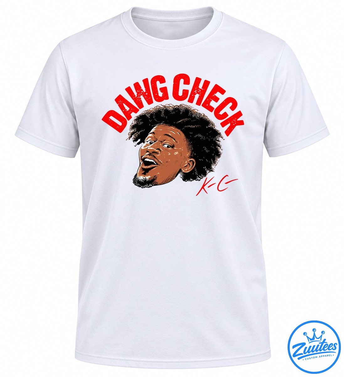 Jimmy Butler portrait graphic with red DAWG CHECK lettering and a handwritten style K C signature Jimmy Butler portrait graphic with red DAWG CHECK lettering and a handwritten-style K-C signature