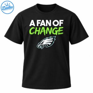 A Fan of Change graphic with white block lettering, neon green brush text, and a white, black, gray, and teal eagle head.