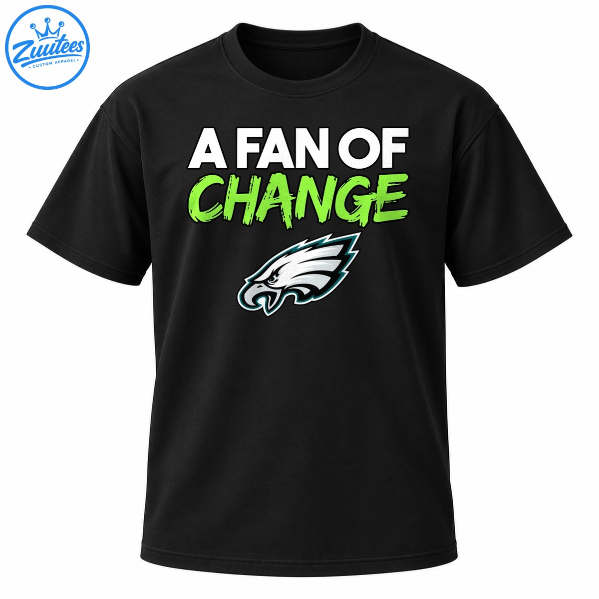 A Fan of Change graphic with white block lettering, neon green brush text, and a white, black, gray, and teal eagle head. A Fan of Change graphic with white block lettering, neon green brush text, and a white, black, gray, and teal eagle head.