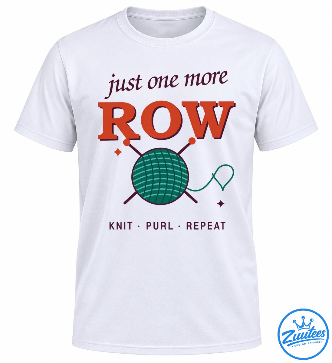 Just One More Row knitting graphic with rust orange lettering, teal yarn ball, crossed needles, and Knit Purl Repeat text Just One More Row knitting graphic with rust-orange lettering, teal yarn ball, crossed needles, and Knit Purl Repeat text