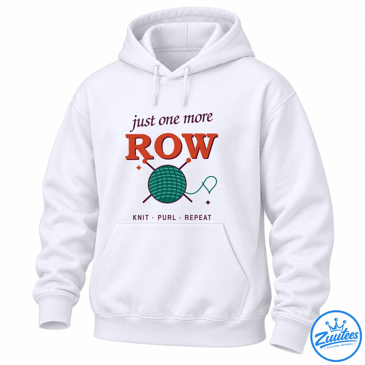 Just One More Row knitting graphic with rust orange lettering, teal yarn ball, crossed needles, and Knit Purl Repeat text Just One More Row knitting graphic with rust-orange lettering, teal yarn ball, crossed needles, and Knit Purl Repeat text