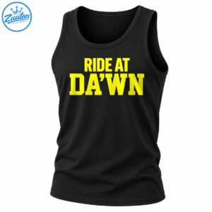 Bright yellow RIDE AT DA’WN collegiate lettering in two lines on a dark background
