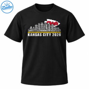 Kansas City 2026 football shirt design with a red and white Chiefs arrowhead, player name skyline, gold stripe, and distressed lettering