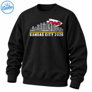 Kansas City 2026 football shirt design with a red and white Chiefs arrowhead, player name skyline, gold stripe, and distressed lettering