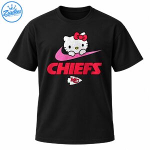 White cartoon cat with a red bow on a pink swoosh above glittery red CHIEFS lettering and a KC arrowhead emblem