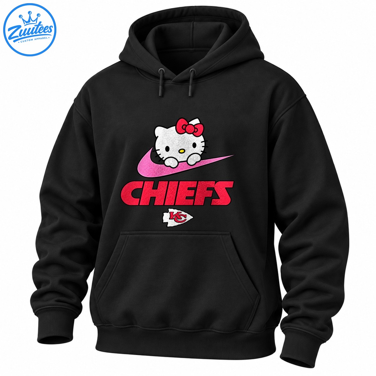 White cartoon cat with a red bow on a pink swoosh above glittery red CHIEFS lettering and a KC arrowhead emblem White cartoon cat with a red bow on a pink swoosh above glittery red CHIEFS lettering and a KC arrowhead emblem