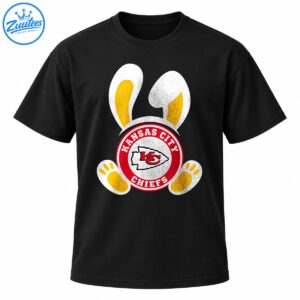 Distressed Easter bunny design with white ears, golden-yellow paws, and a red circular Kansas City Chiefs arrowhead emblem.